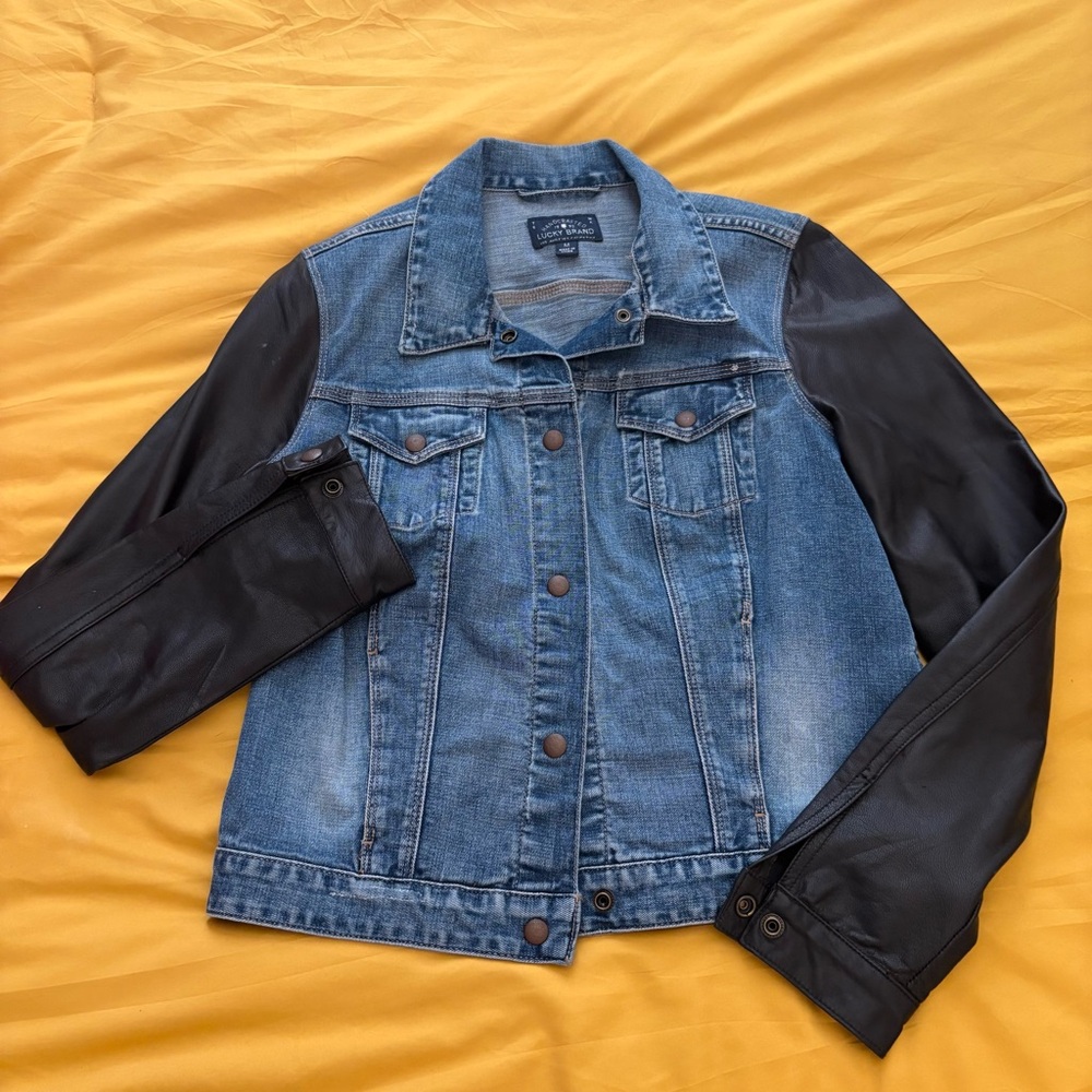 Lucky Brand Blue Denim Jacket with Black Sleeves like new